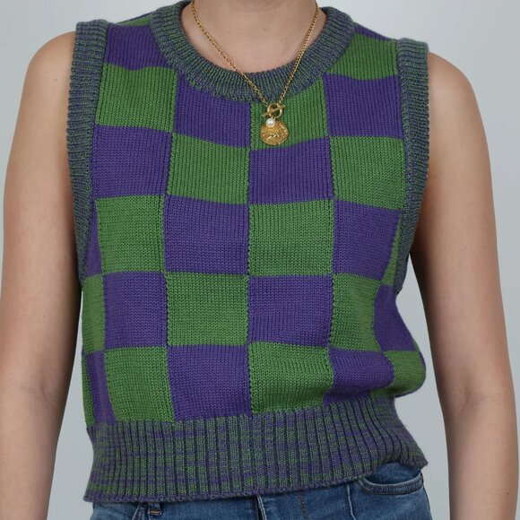 Warm Hugs Only Sweaters - Warm Hugs Only Checkered Wool Knit Vest - Purple & Green